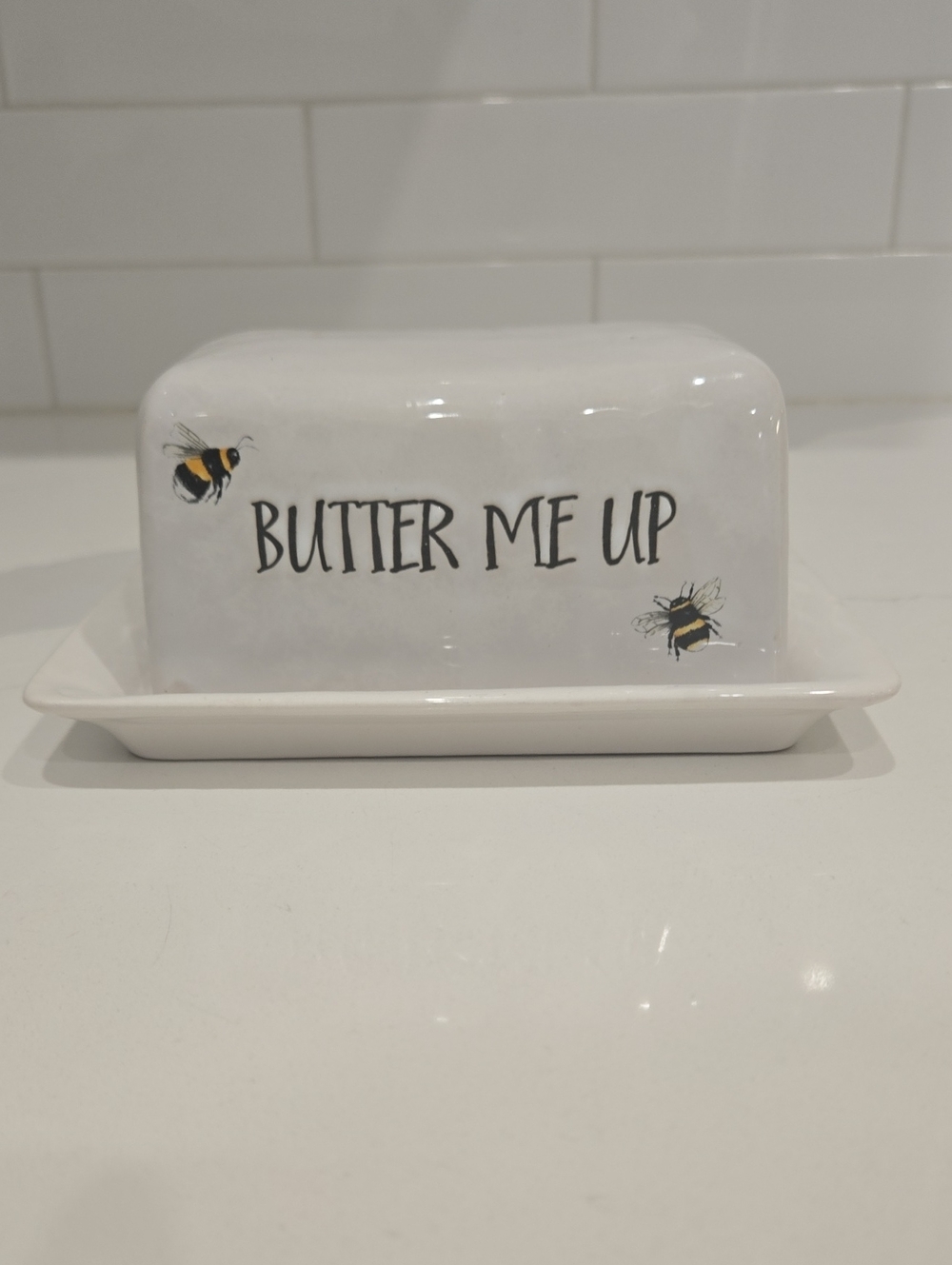 White Ceramic Butter Dish with Bee Accent and 'Butter Me Up' Text